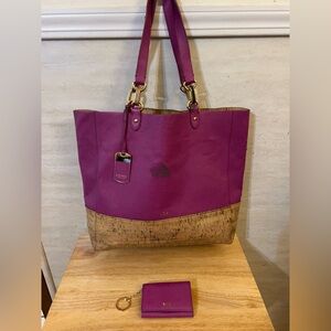 Lauren Ralph Lauren Hanway Fuchsia Tote with Cork Trim Matching Wallet